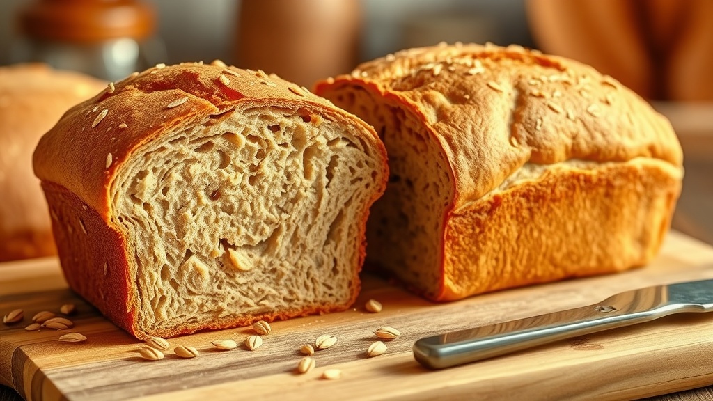 Healthy and Homemade Whole Wheat Bread Recipe Sliced whole wheat bread on a wooden cutting board with grains and a butter knife.